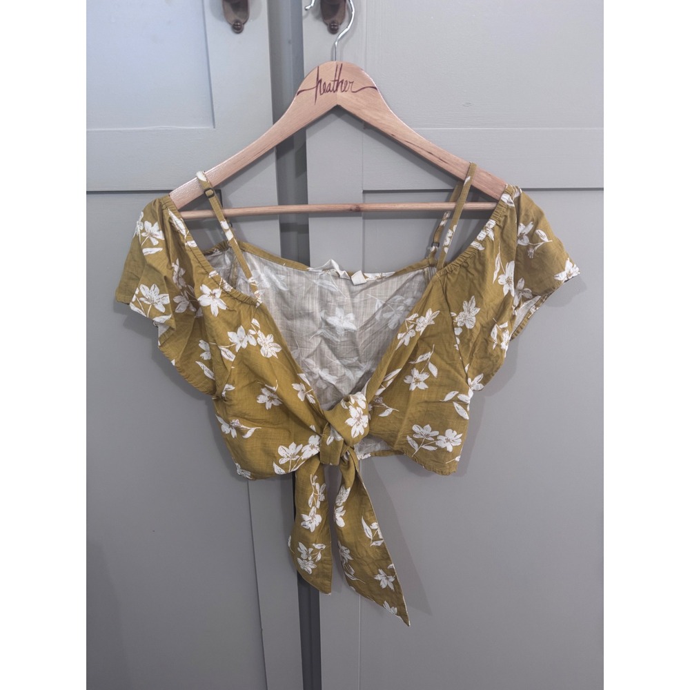 Billabong Mustard Yellow Floral Cold Shoulder Tie Front Crop Top Large Womens